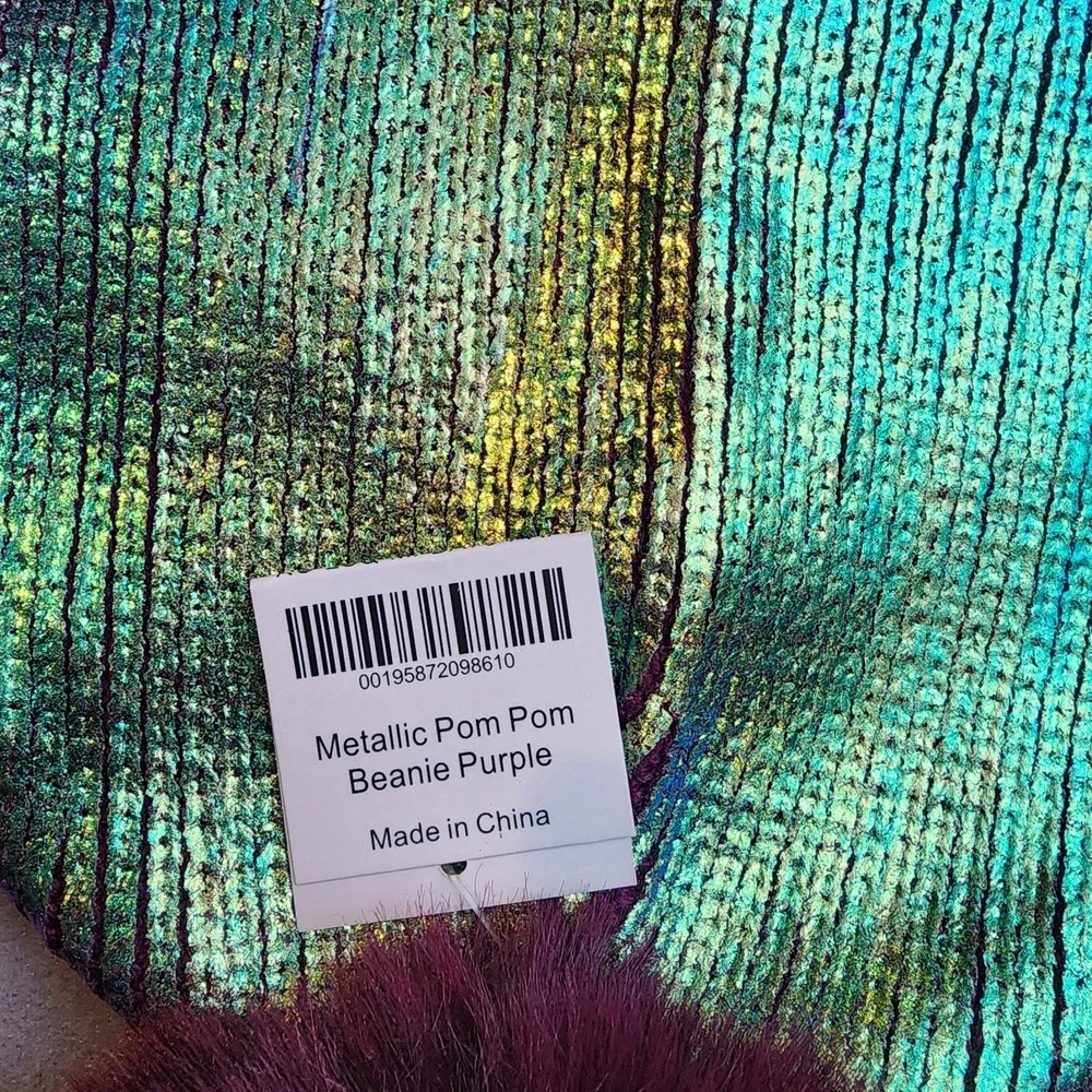 Muse Royale Mermaid Iridescent Metallic Pom Pom Beanie Hat Purple Holographic OS